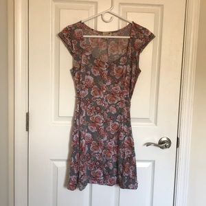 Gray and pink floral mini dress.